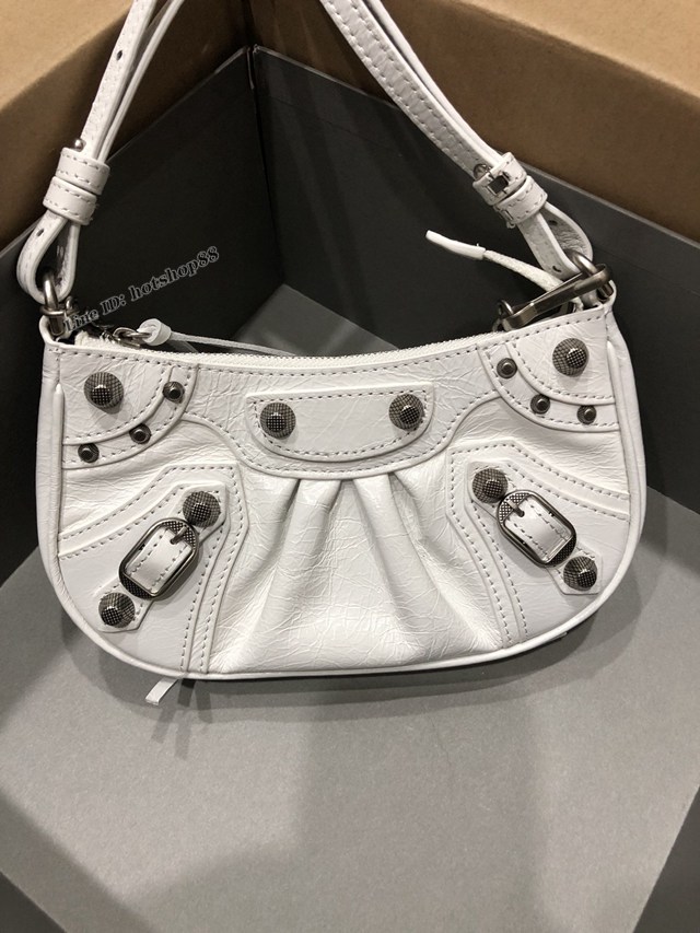 Balenciaga專櫃爆款機車包系列迷你爆裂紋白色銀扣肩背女包 巴黎世家Le Cagole半月牙腋下包餃子包 fyj1944